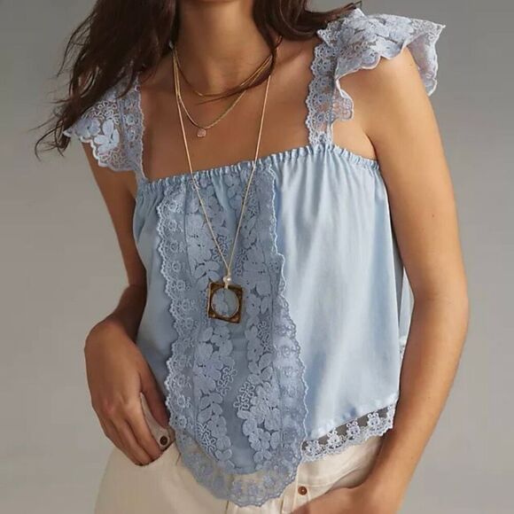 Anthropologie Tiny Daphne Blue Lace Flutter Strap Tank Top NWT Size Extra Large - Picture 1 of 8